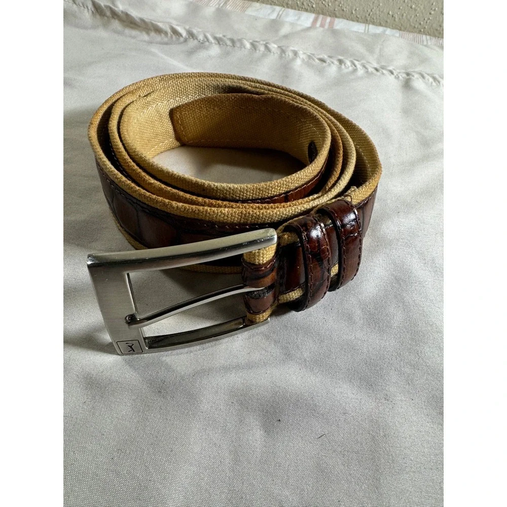 Leatherman Ltd Mens Belt Brown Croc Embossed Leather Canvas Tan Silver Buckle 36